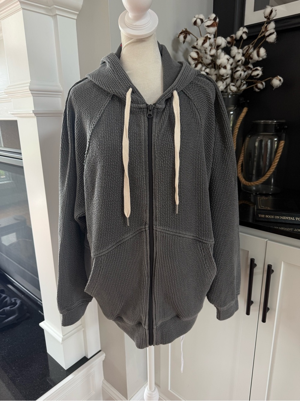 aerie Dark Gray Waffle-Knit Zip Hoodie with Cream Drawstrings